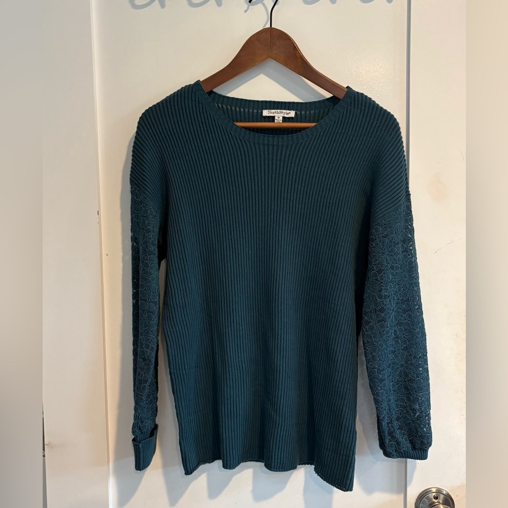 Northstyle Teal Ribbed Sweater with Lace Sleeves Cotton Blend Medium